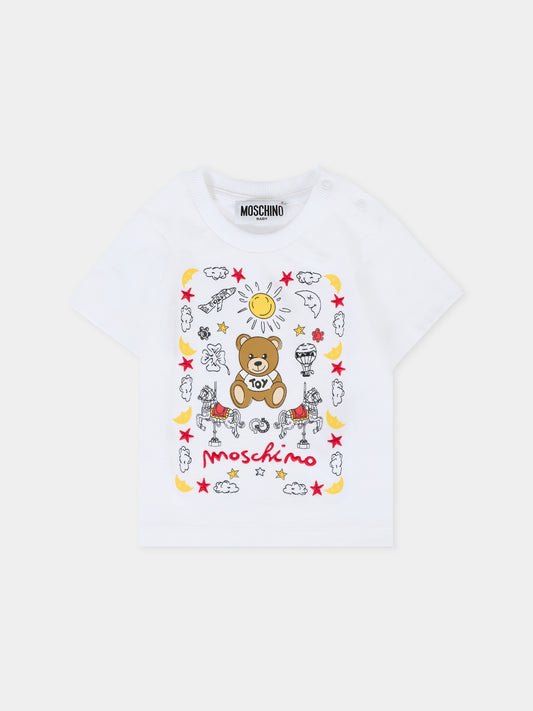 T-shirt bianca per neonato con Teddy Bear e logo,Moschino Kids,MMM047 LAA23 10101