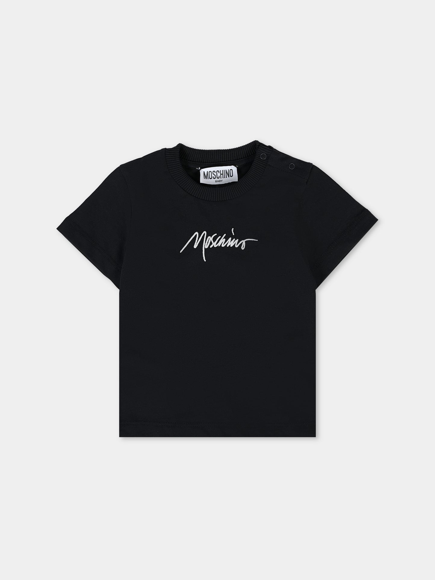 T-shirt nera per neonata con logo ricamato,Moschino Kids,MQM047 LAA01 60100