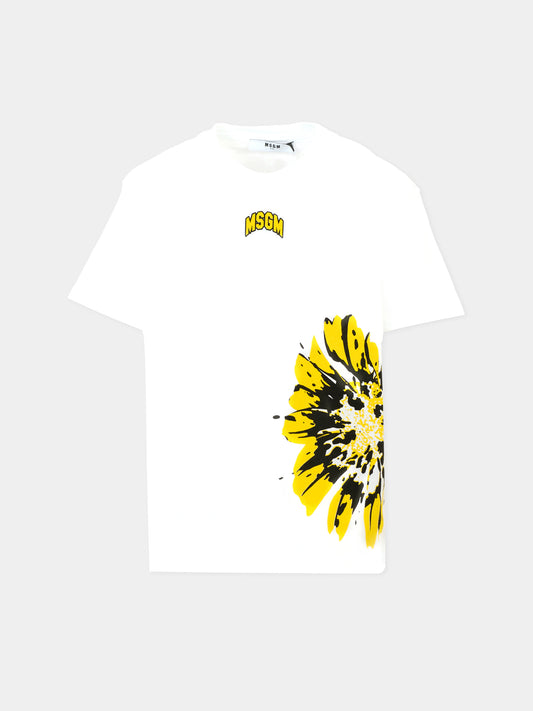 T-shirt bianca per bambina con fiore giallo,Msgm Kids,S5MSJGTH120 001