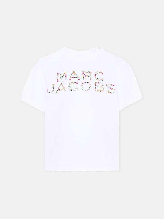 T-shirt bianca per bambina con logo e cristalli,Marc Jacobs,W60746 10P