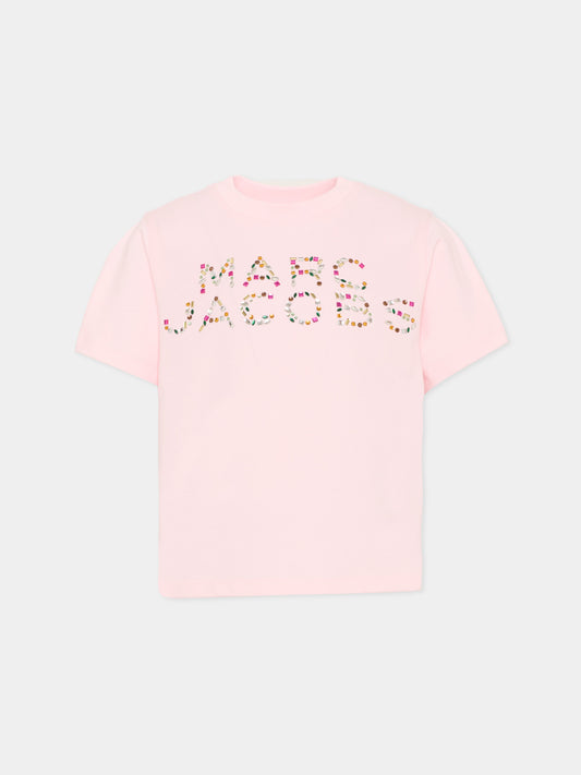 T-shirt rosa per bambina con logo e cristalli,Marc Jacobs,W60746 475