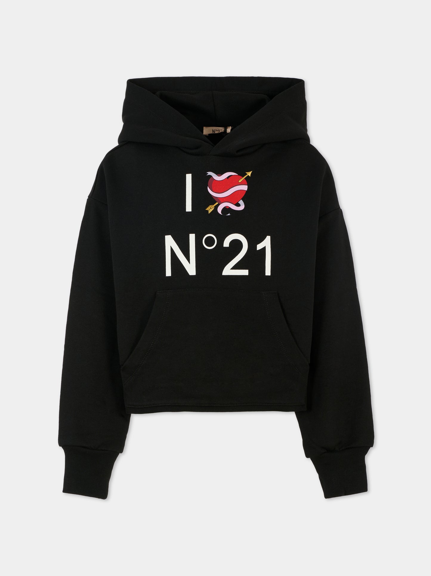 Felpa nera per bambina con cuore e logo,N°21 Kids,N2101S N0154 0N900