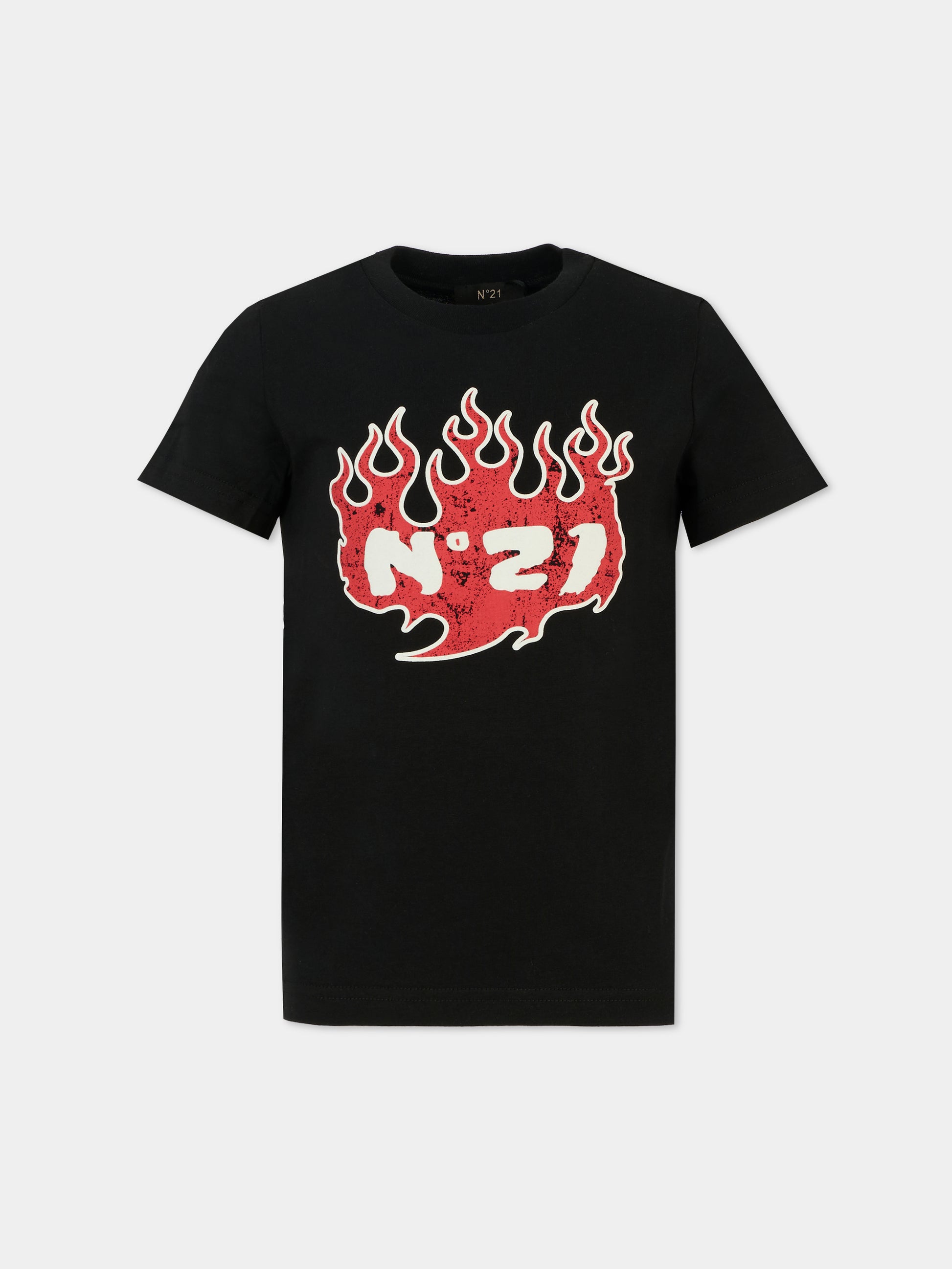 T-shirt nera per bambino con fiamme,N°21 Kids,N2103M N0080 0N900
