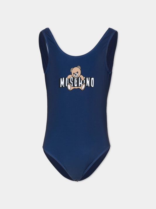 Costume intero blu per bambina con teddy bear,Moschino Kids,H2L00B LKA11 40016