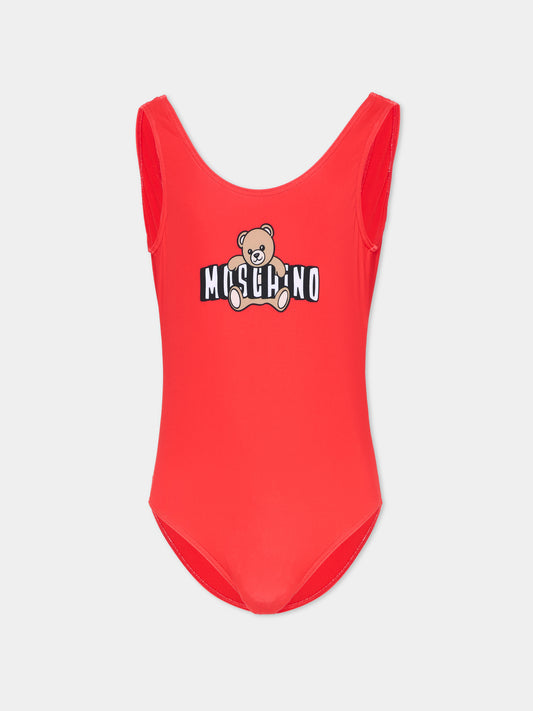 Costume intero rosso per bambina logo teddy,Moschino Kids,H2L00B LKA11 50109