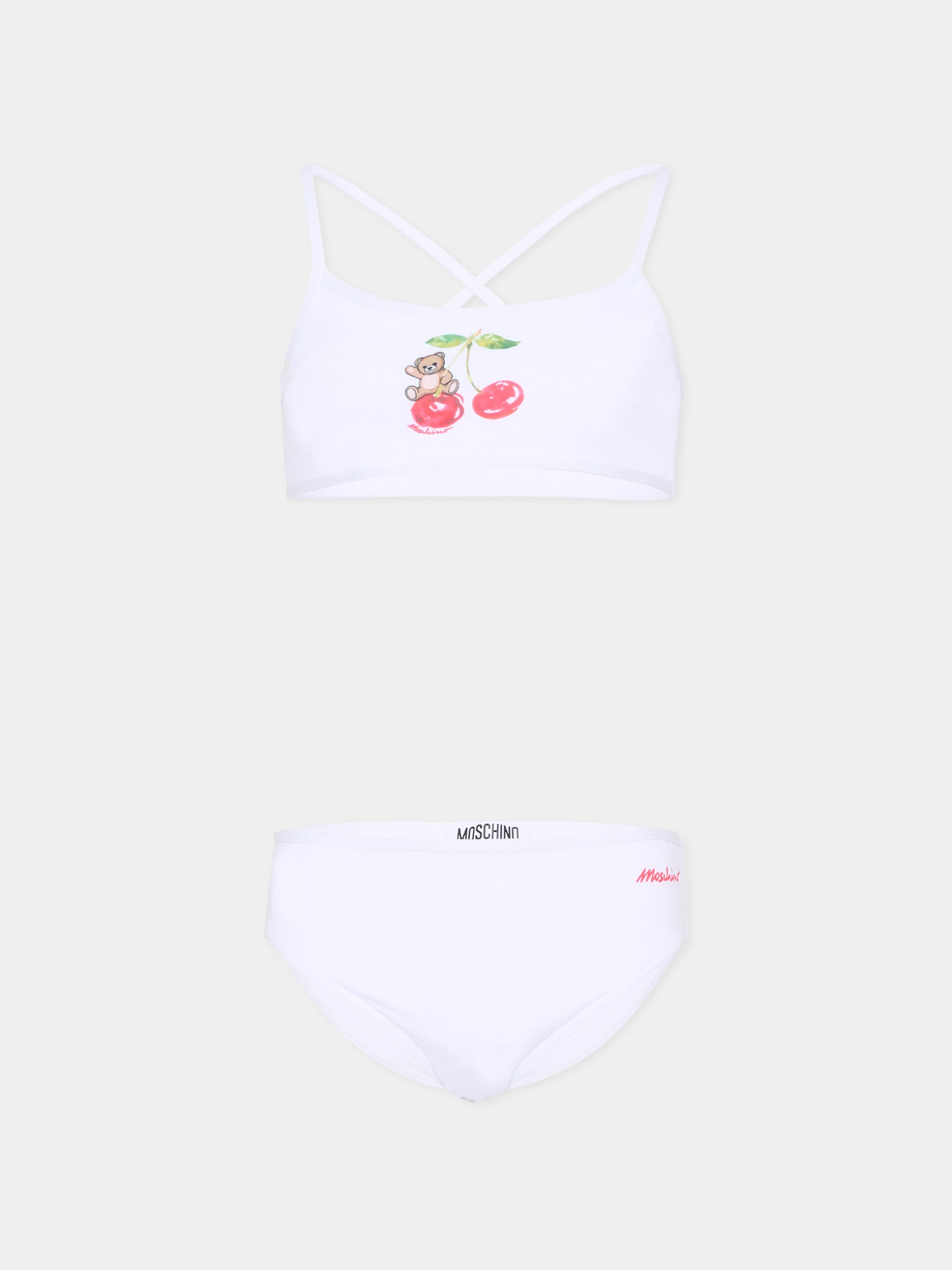 Slip e bikini bianco per bambina con ciliegie,Moschino Kids,HGL00E LKA11 10101