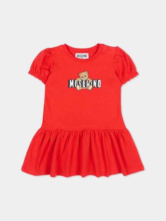 Vestito rosso per neonata con logo e Teddy Bear,Moschino Kids,MAV0C7 LBA00 50109