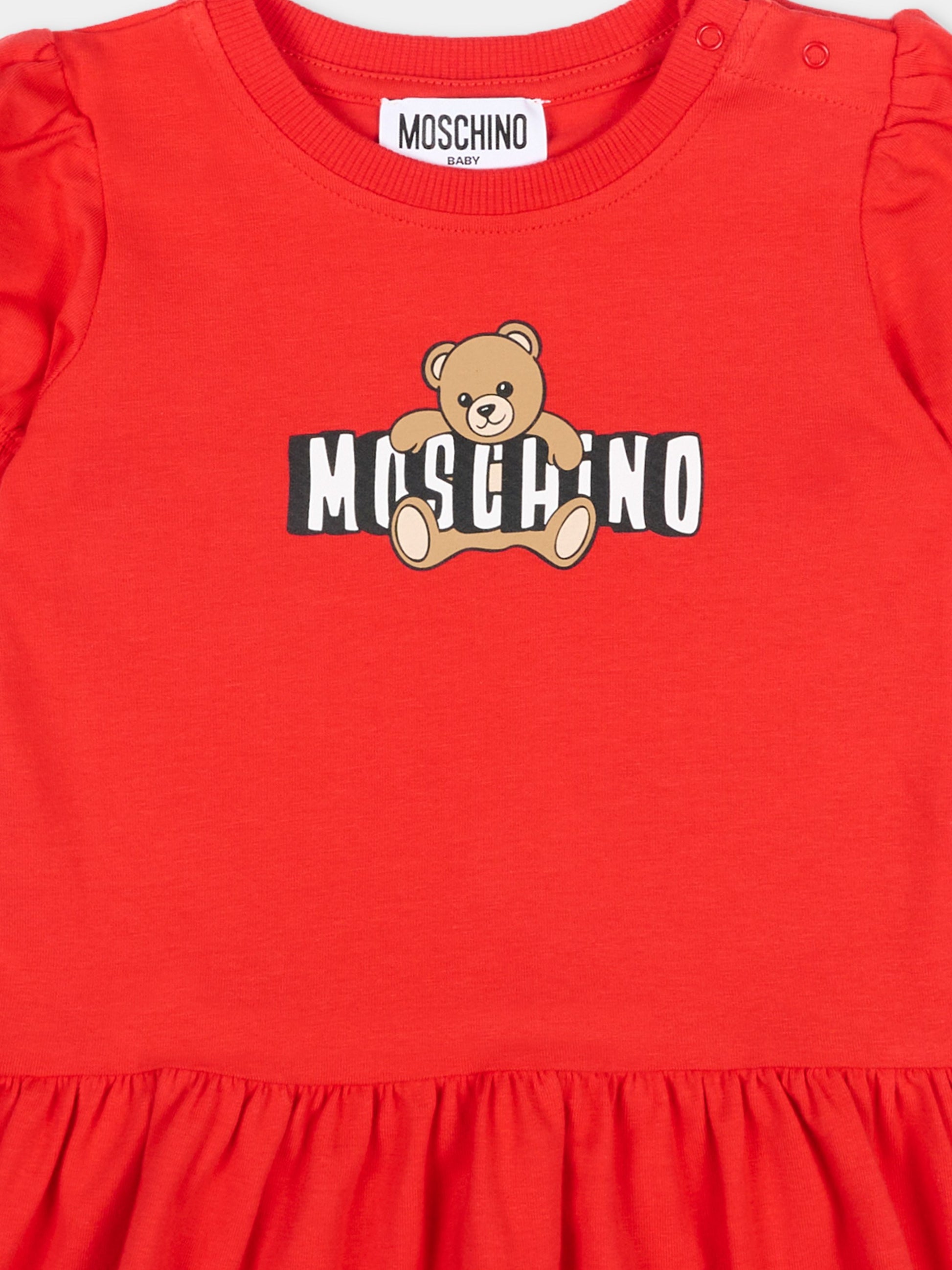 Vestito rosso per neonata con logo e Teddy Bear,Moschino Kids,MAV0C7 LBA00 50109