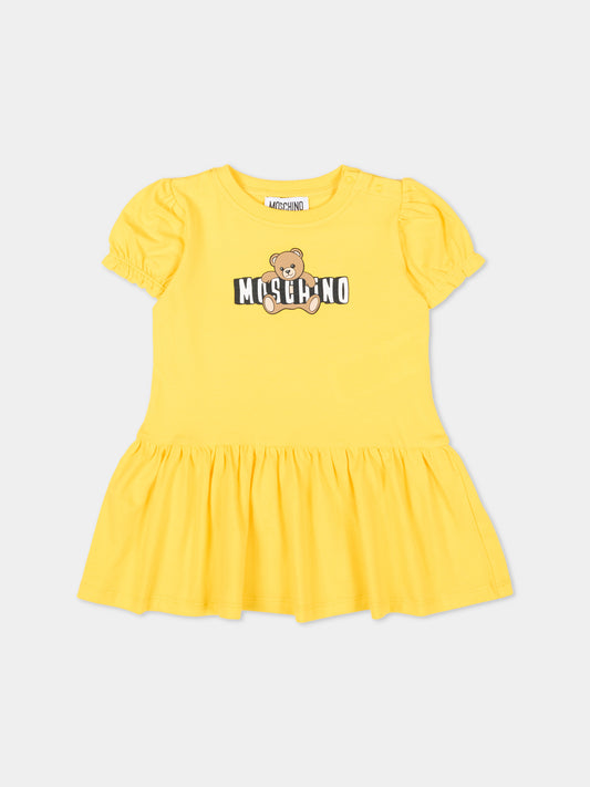 Vestito giallo per neonata con logo e Teddy Bear,Moschino Kids,MAV0C7 LBA00 50577