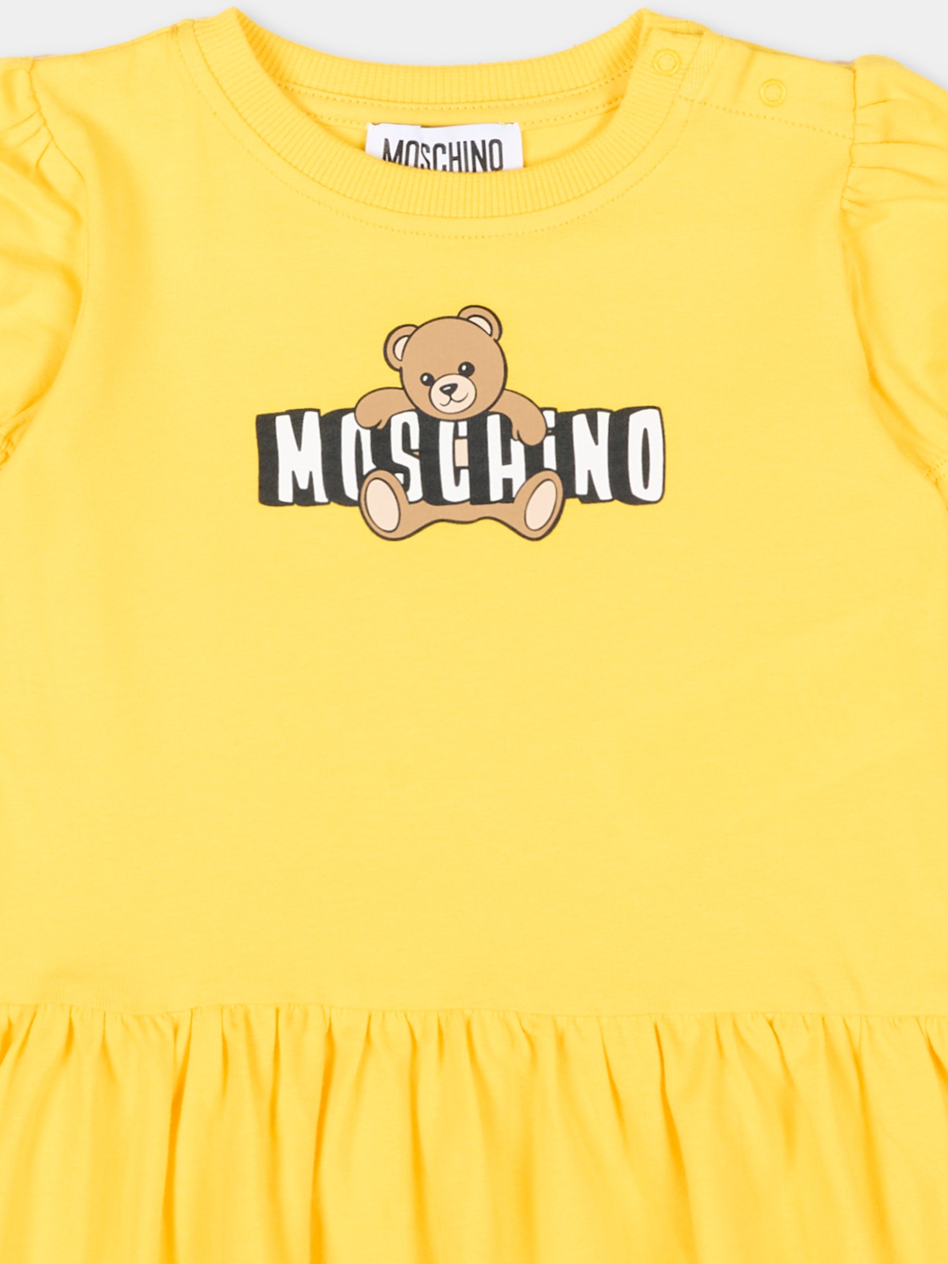 Vestito giallo per neonata con logo e Teddy Bear,Moschino Kids,MAV0C7 LBA00 50577