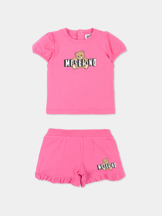 Completo sportivo fucsia per neonata con logo,Moschino Kids,MBG01O LBA00 50533