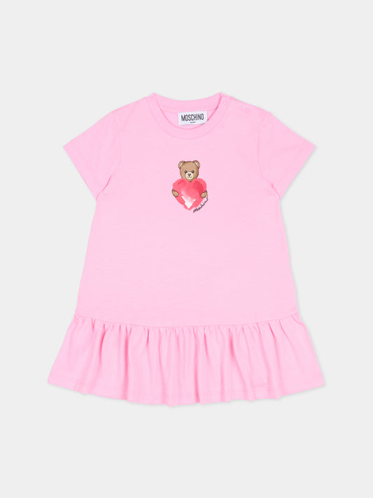 Vestito rosa per neonata con Teddy Bear e cuore,Moschino Kids,MDV0DJ LAA02 51473