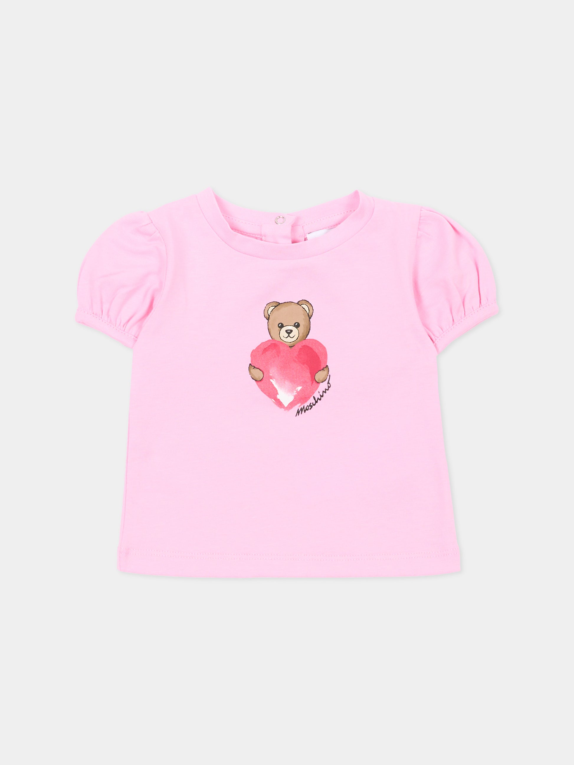 T-shirt rosa per neonata con Teddy Bear,Moschino Kids,MLM02B LBA00 51473