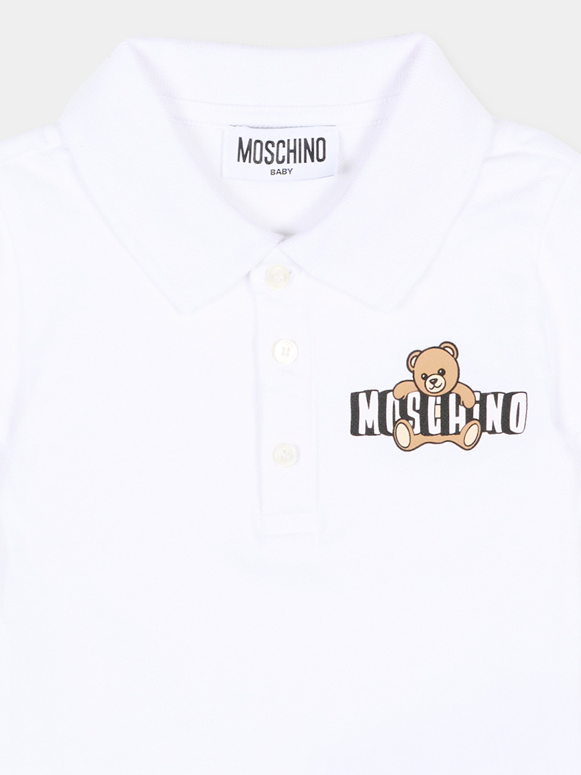 Polo bianca per neonato con logo e Teddy Bear,Moschino Kids,MUM04J LFA09 10101