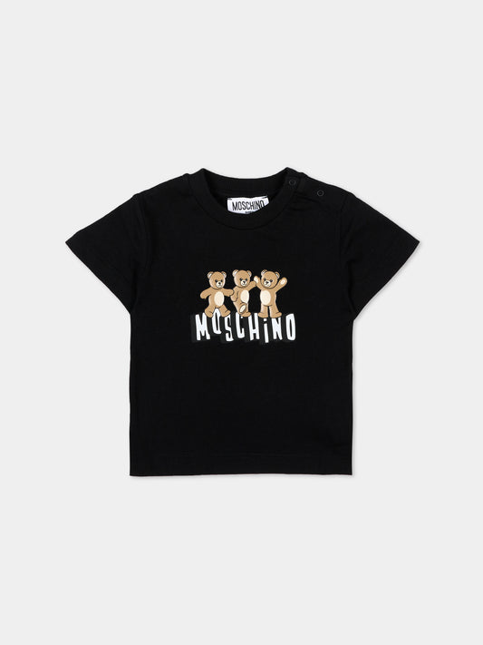 T-Shirt nera per neonati con logo e Teddy Bear,Moschino Kids,MUM04K LAA17 60100