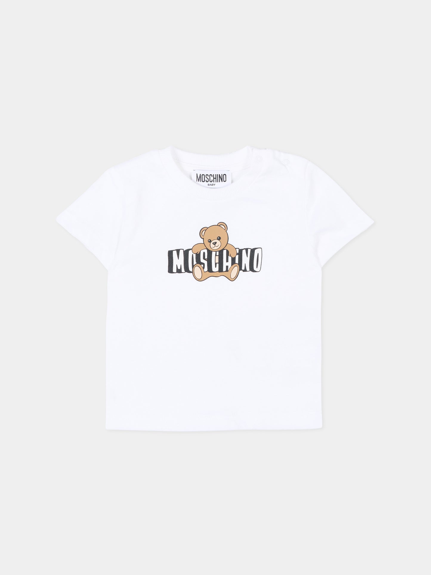 T-Shirt bianca per neonati con logo e Teddy Bear,Moschino Kids,MUM04P LAA03 10101