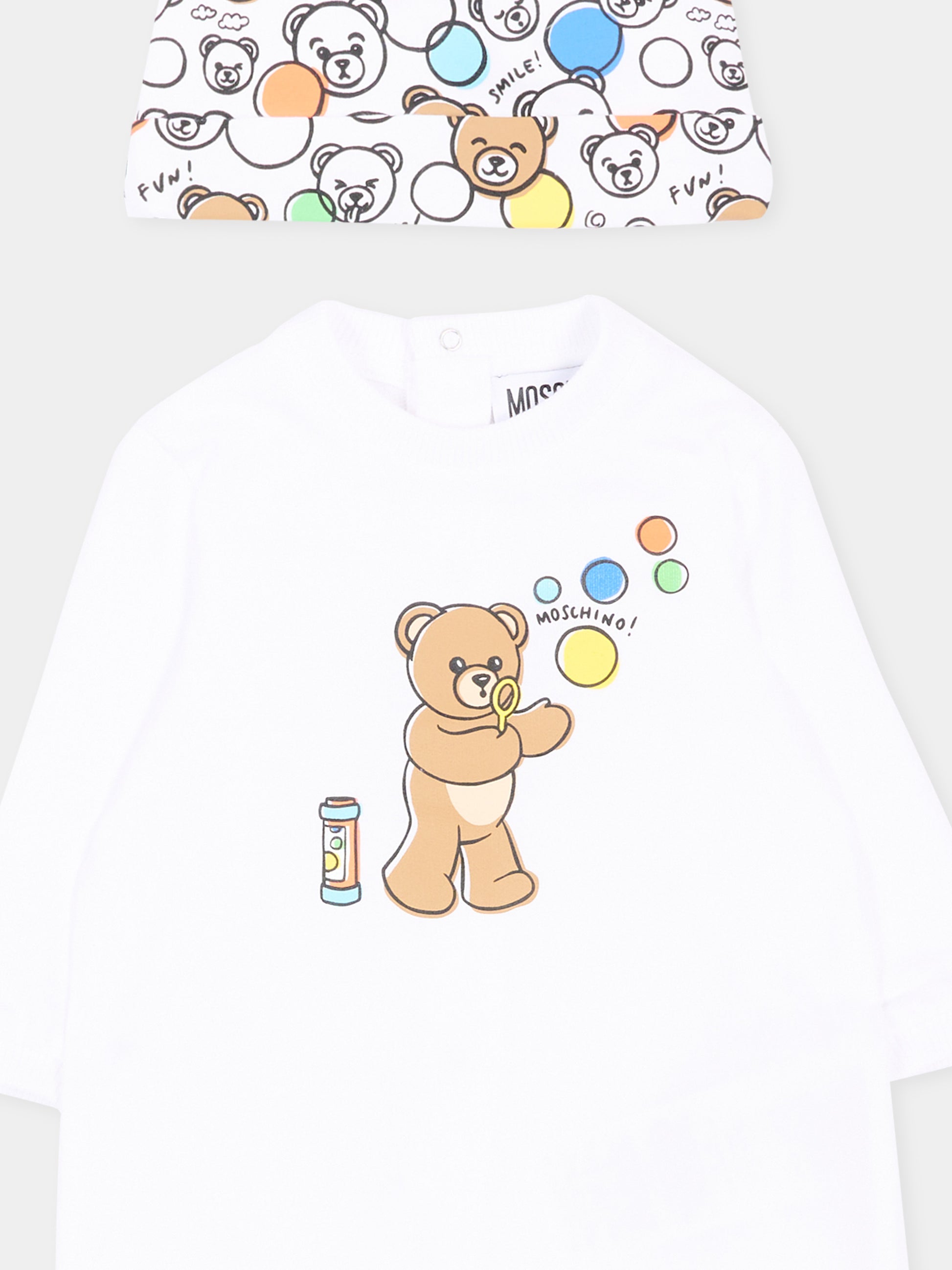 Set tutina bianco per neonati con teddy bear,Moschino Kids,MUY092 LCA19 10101