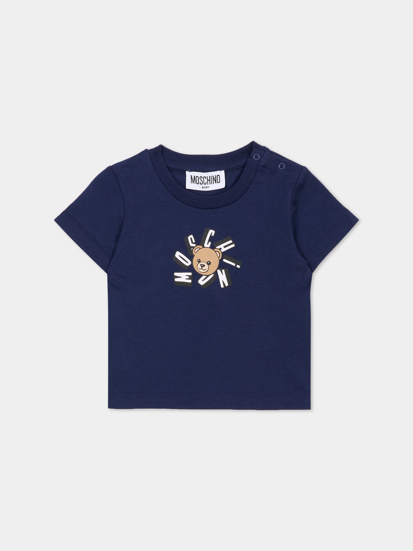 T-shirt blu per neonati con Teddy Bear,Moschino Kids,MXM047 LAA02 40016