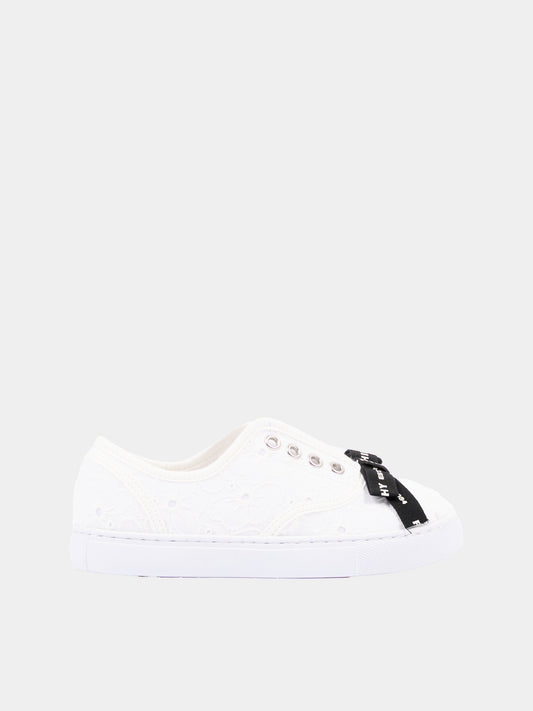 Sneakers avorio per bambina in sangallo con logo,Philosophy,I8G006 - 7946 - 0001