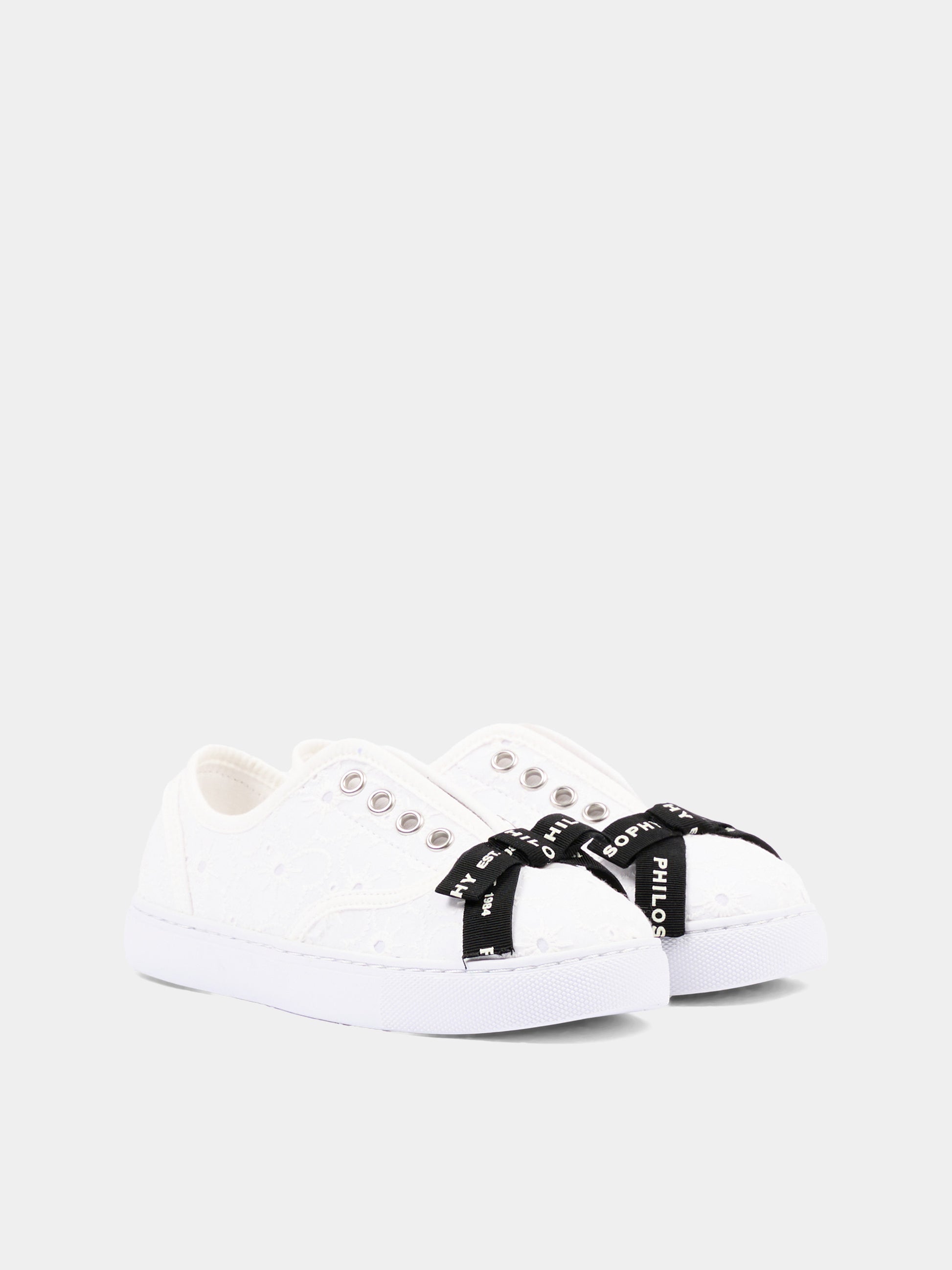 Sneakers avorio per bambina in sangallo con logo,Philosophy,I8G006 - 7946 - 0001