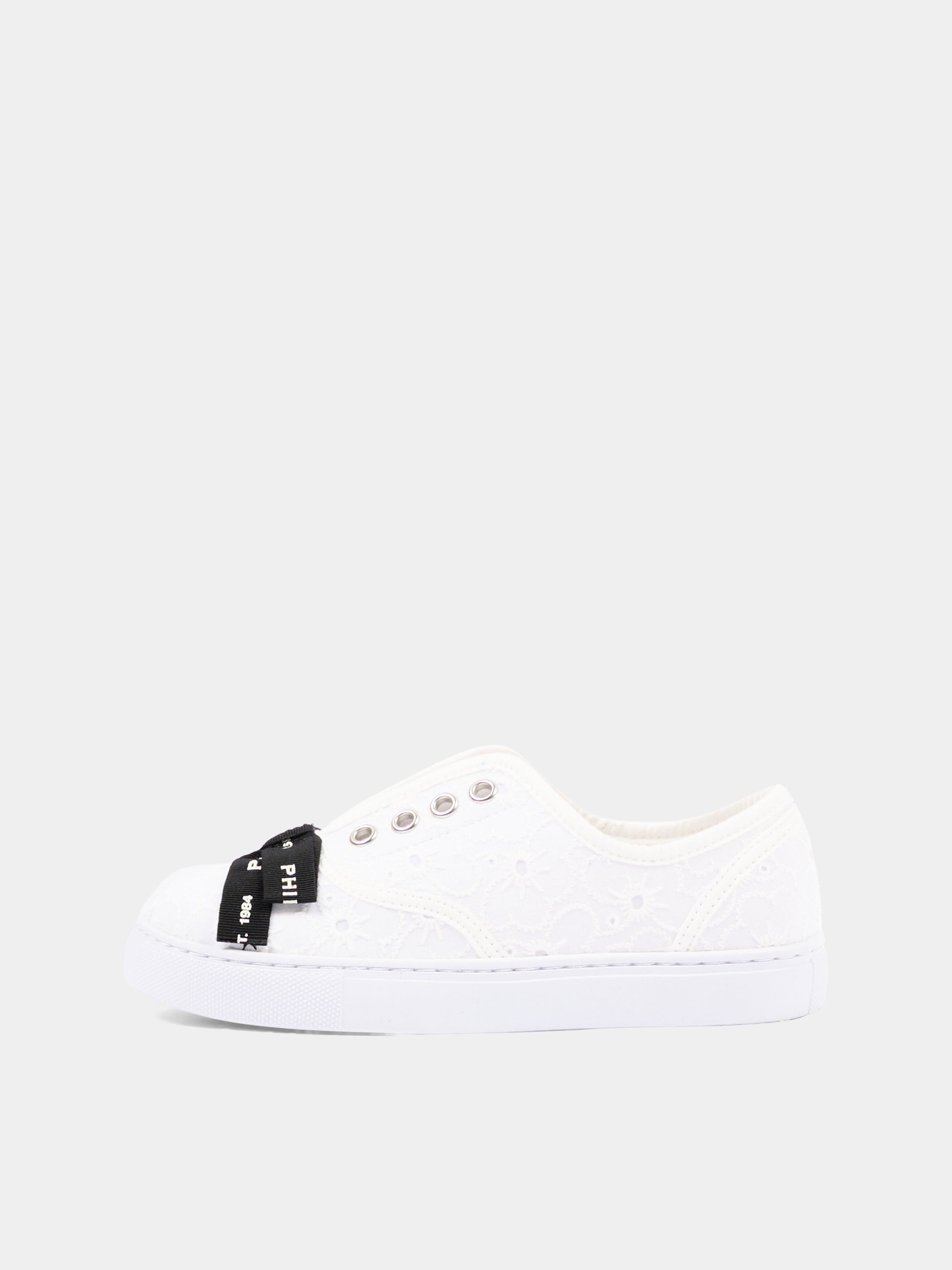 Sneakers avorio per bambina in sangallo con logo,Philosophy,I8G006 - 7946 - 0001