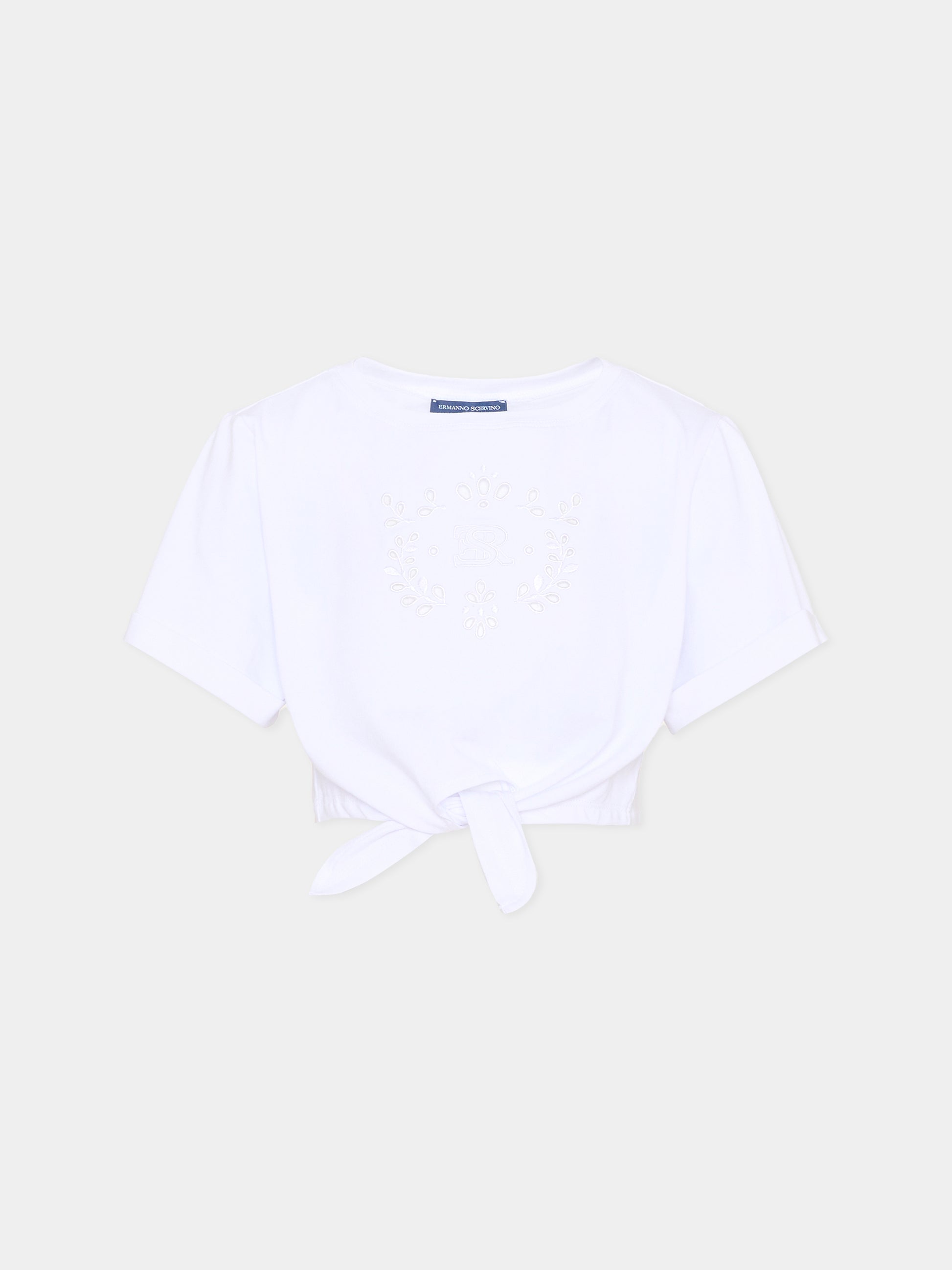 T-shirt crop bianca per bambina con logo e ricami,Ermanno Scervino Junior,Z1G609 - 7201 - 0099