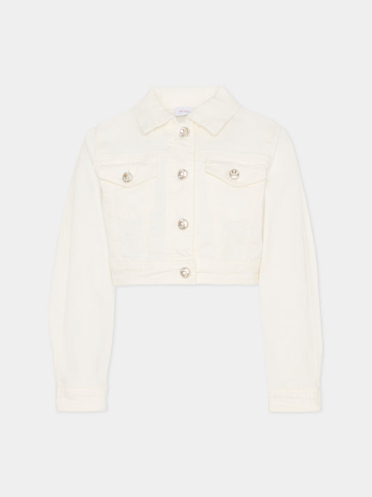 Giubbotto di jeans avorio per bambina con cristalli,Monnalisa,79G105NP - 7015 - 0001