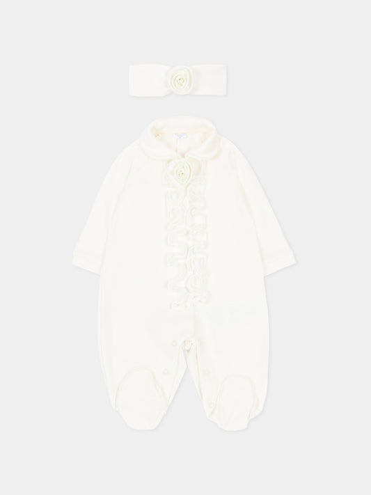 Set tutina bianco per neonata con rosa,Monnalisa,35G501 - 7010 - 0001