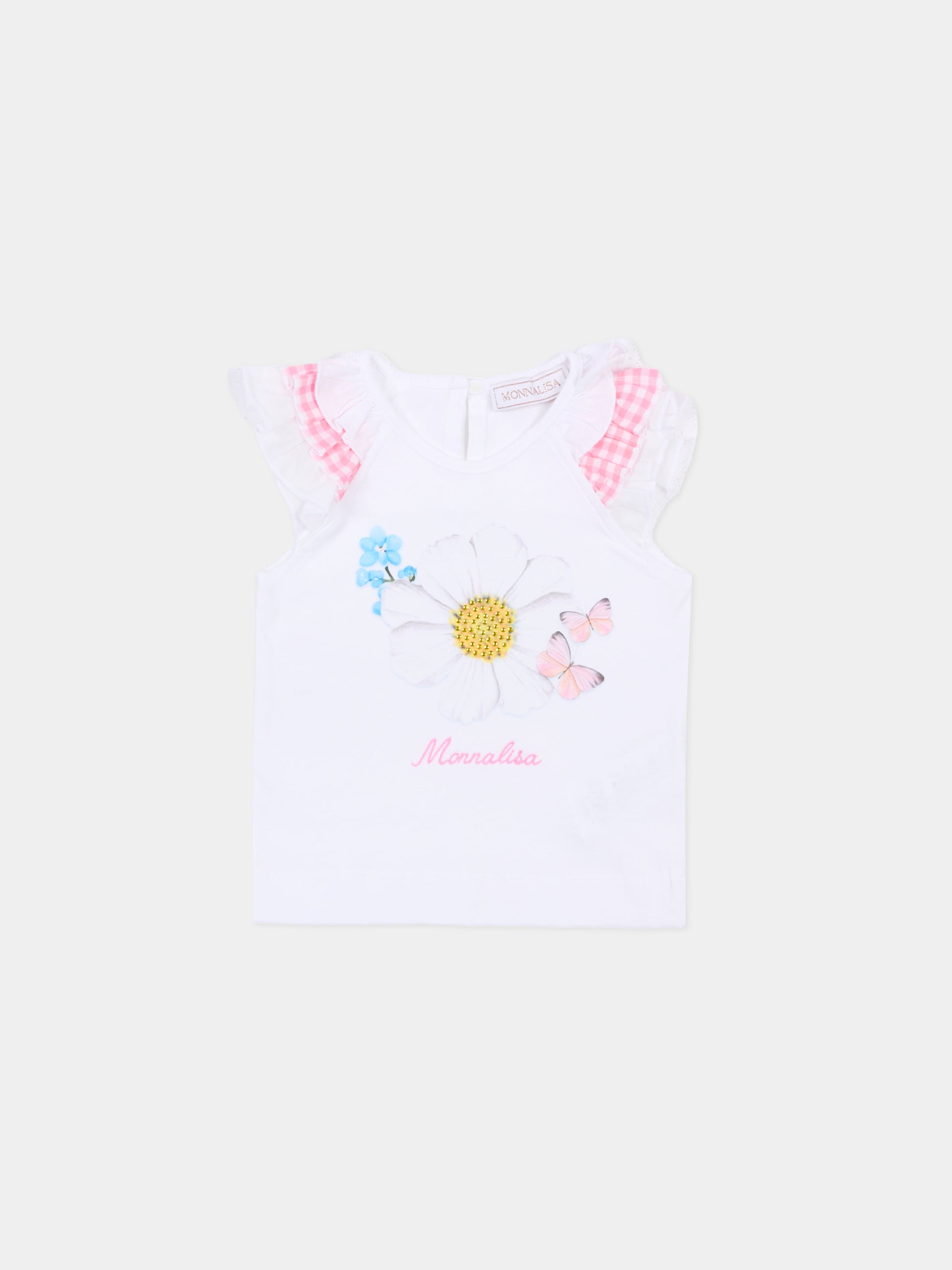 T-shirt bianca per neonata con fiore e strass,Monnalisa,39G605 - 7002 - 0099