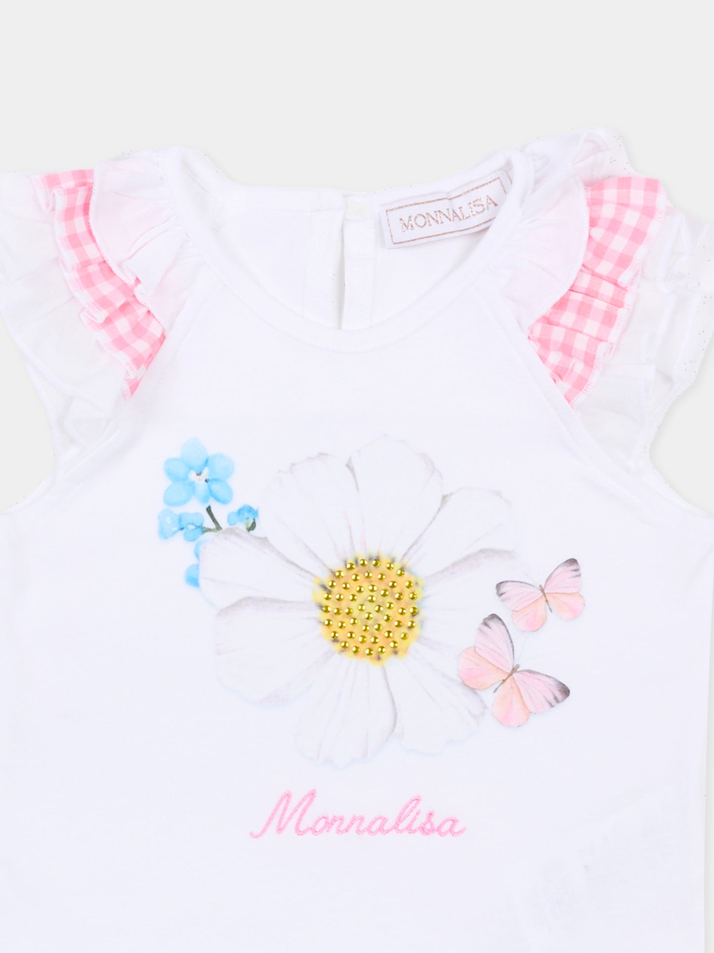 T-shirt bianca per neonata con fiore e strass,Monnalisa,39G605 - 7002 - 0099