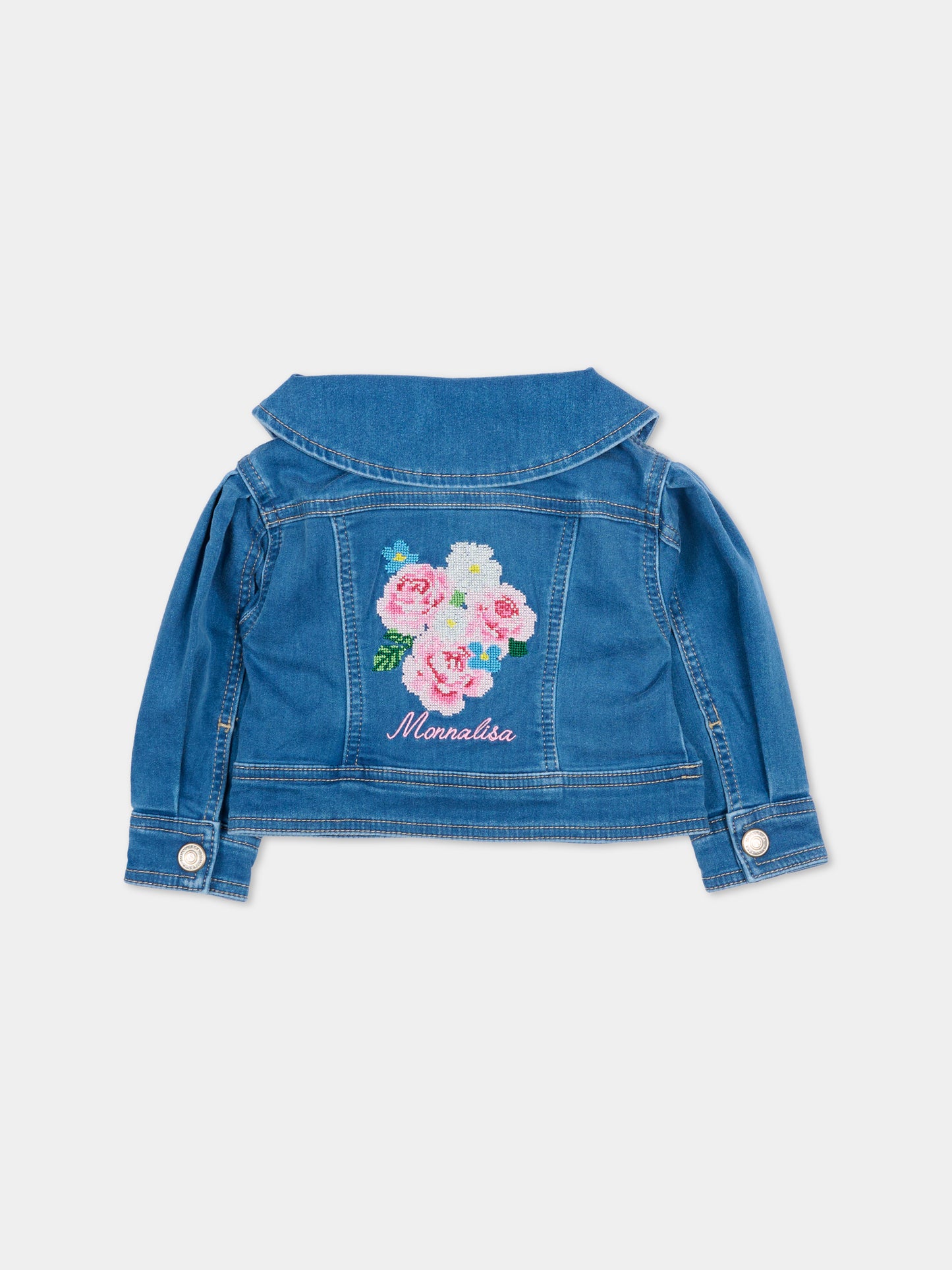 Giubbotto di jeans denim per neonata con fiori ricamati,Monnalisa,39G101 - 7017 - 0055