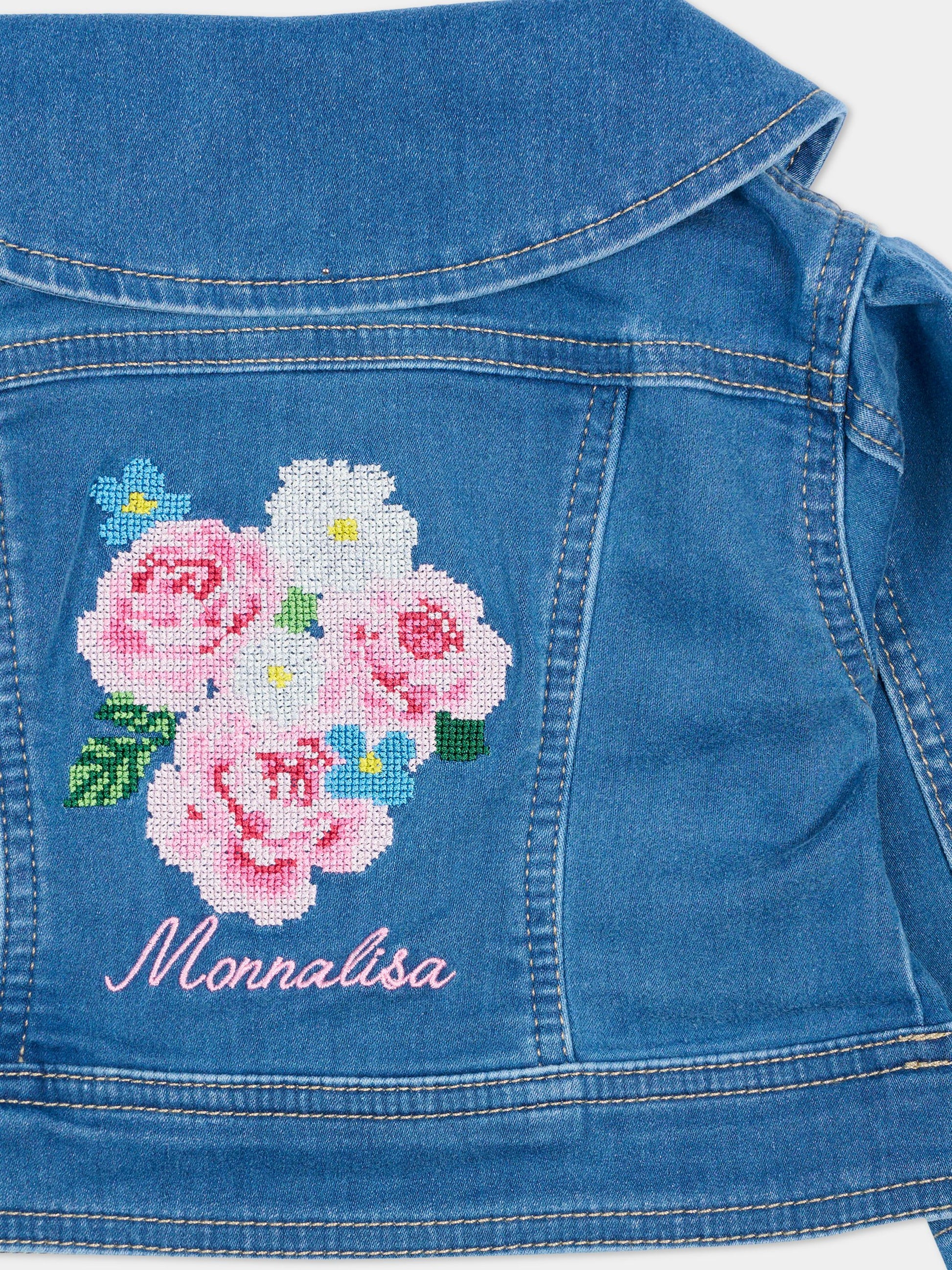 Giubbotto di jeans denim per neonata con fiori ricamati,Monnalisa,39G101 - 7017 - 0055