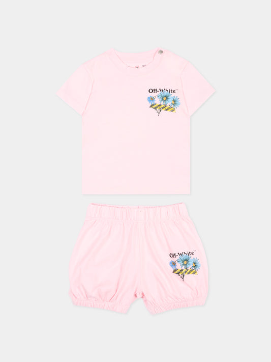 Completo sportivo rosa per neonata con fiori,Off White,44G2X00CS26J001683