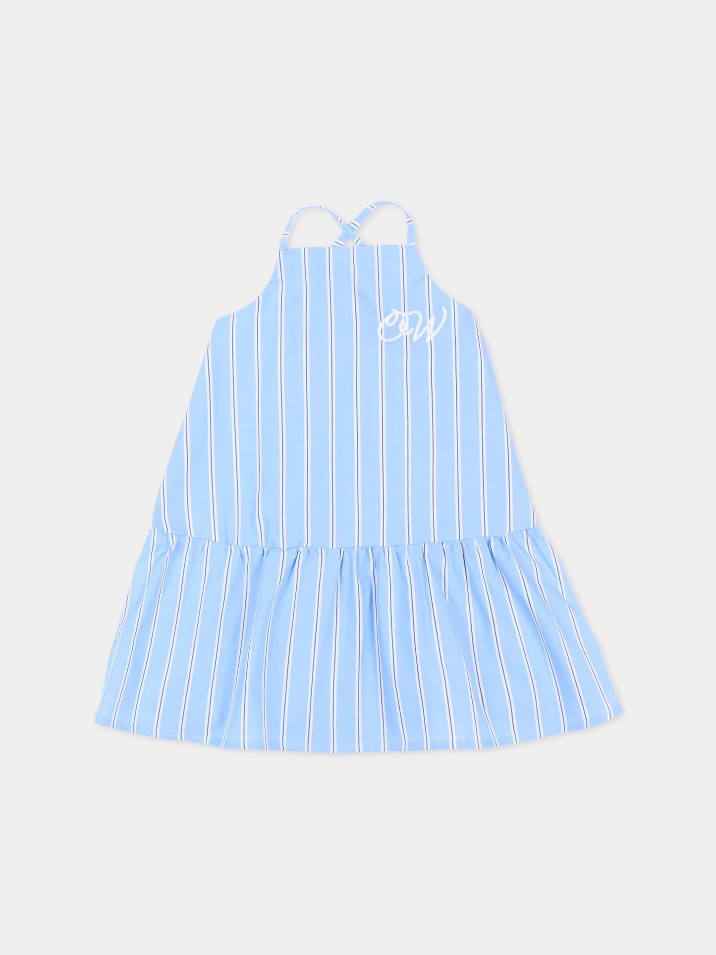 Vestito celeste a righe per neonata con logo,Off White,44GX7014S26F001430