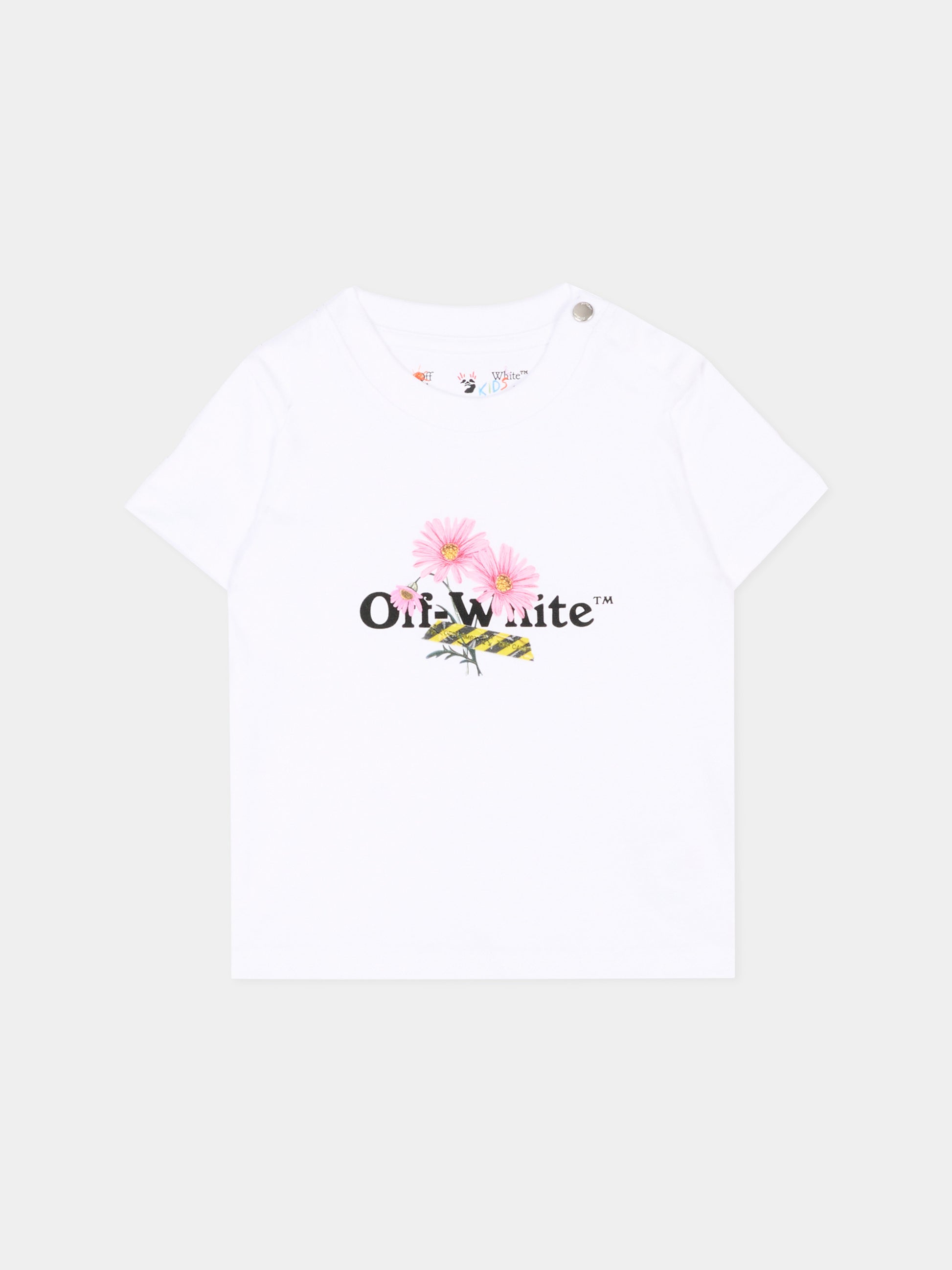 T-Shirt bianca per neonata con fiori,Off White,44GXB001S26J001100
