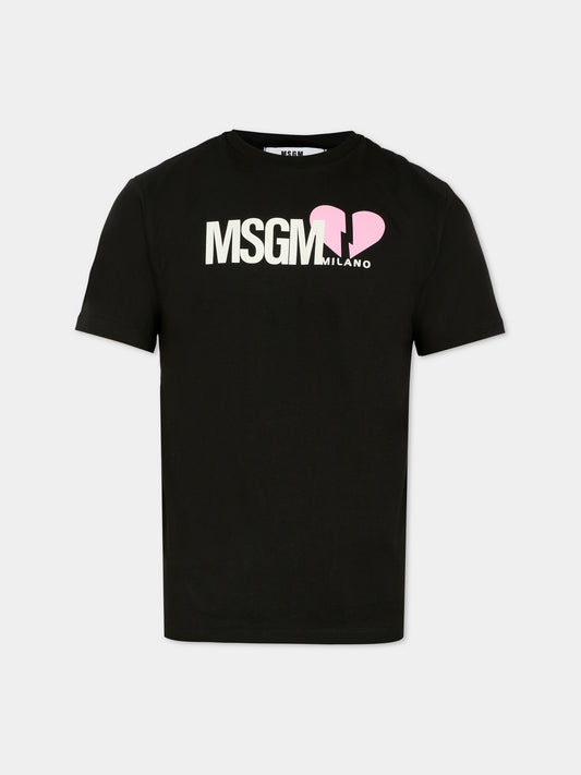 T-shirt nera per bambina con cuore e logo,Msgm Kids,MS029332 110
