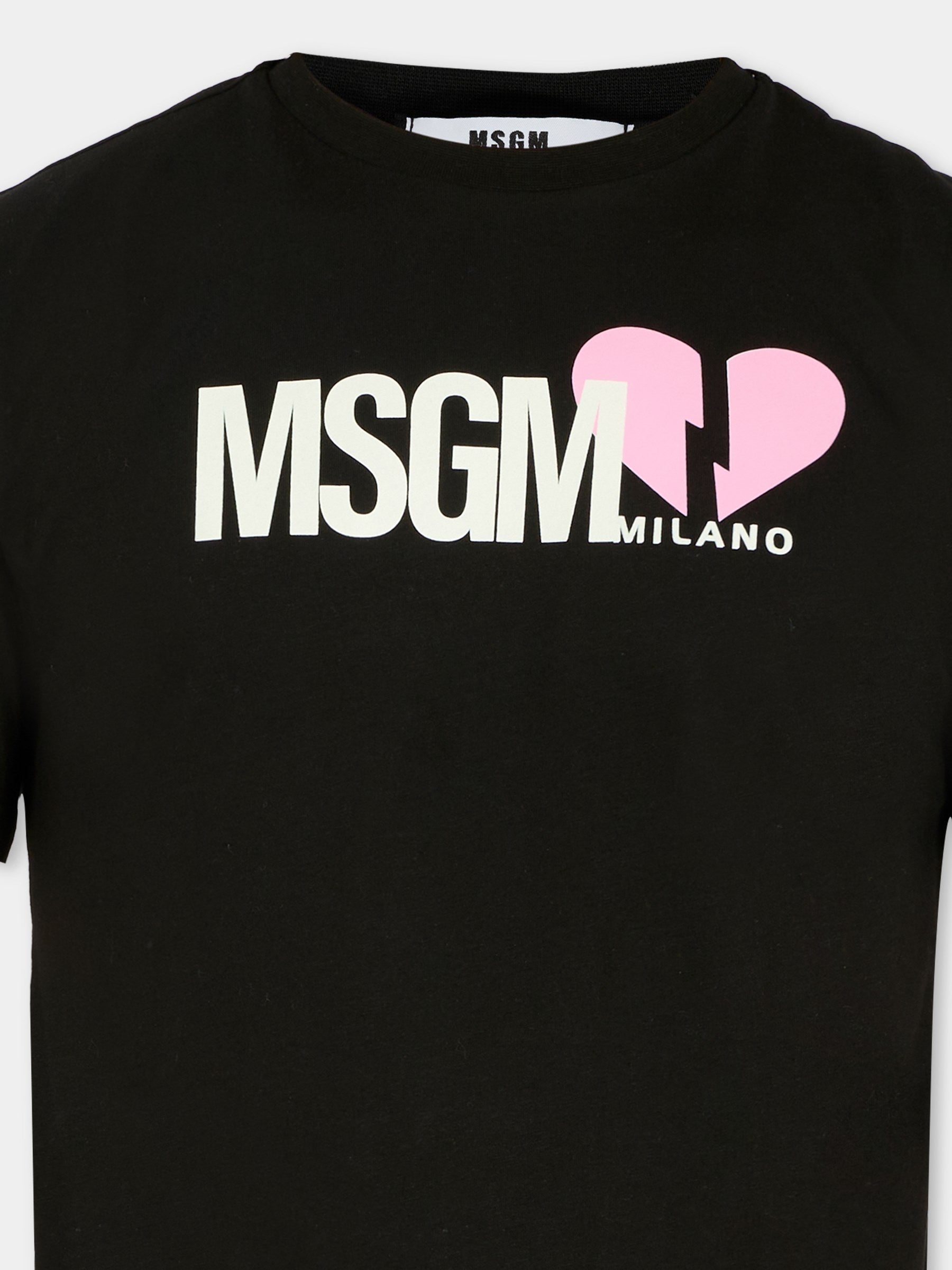T-shirt nera per bambina con cuore e logo,Msgm Kids,MS029332 110