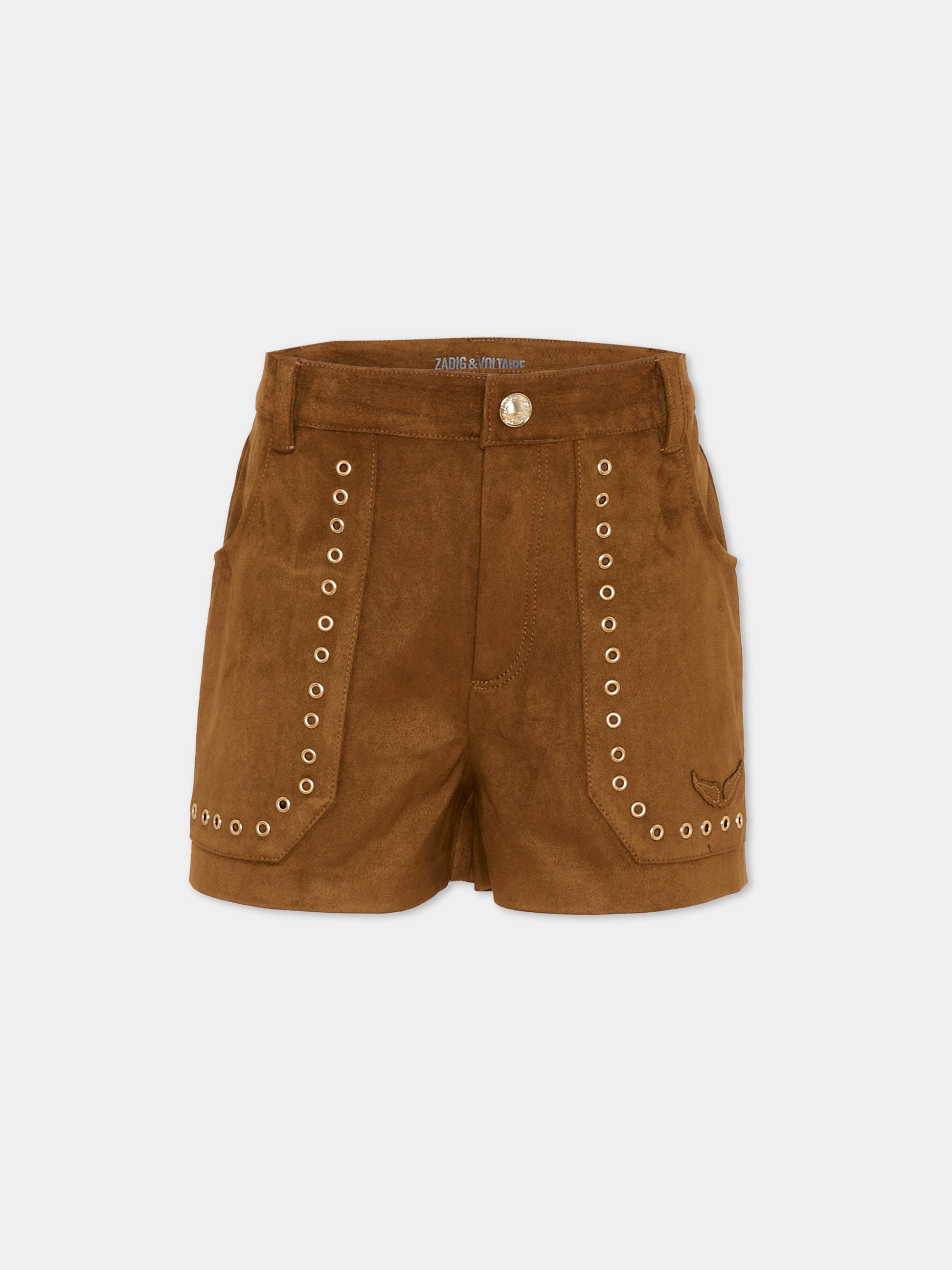 Shorts marroni per bambina in suede,Zadig & Voltaire Kids,X60562 367