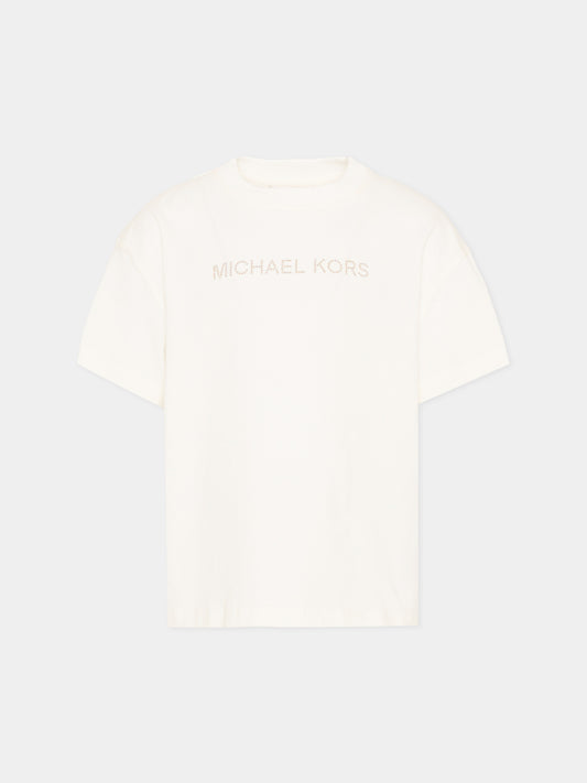 T-shirt avorio per bambina con logo,Michael Kors,R30602 117