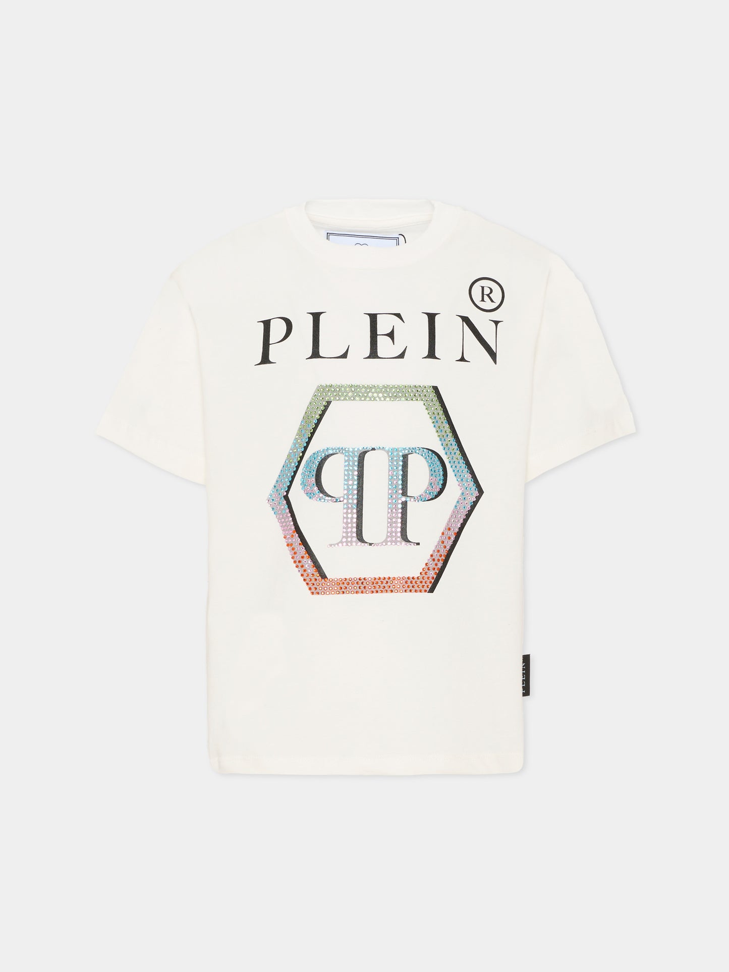 T-shirt avorio per bambina con logo di strass,Philipp Plein Junior,S6PHJGTH157 002