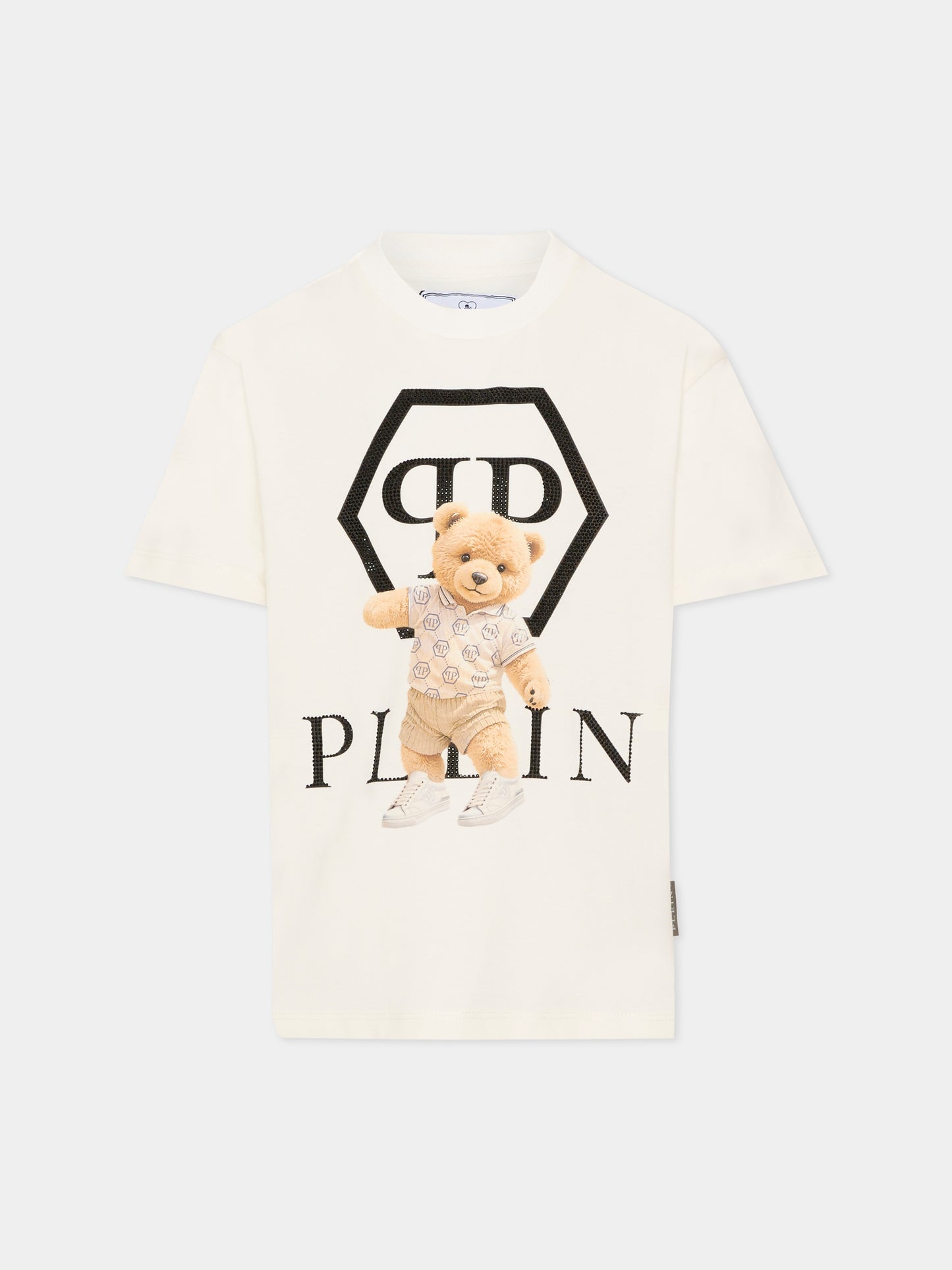 T-shirt avorio per bambina con orsetto e logo di strass,Philipp Plein Junior,S6PHJGTH202 002