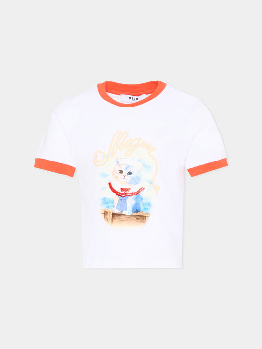 T-Shirt bianca per bambina con stampa gatto,Msgm Kids,S6MSJGTH016 001/84