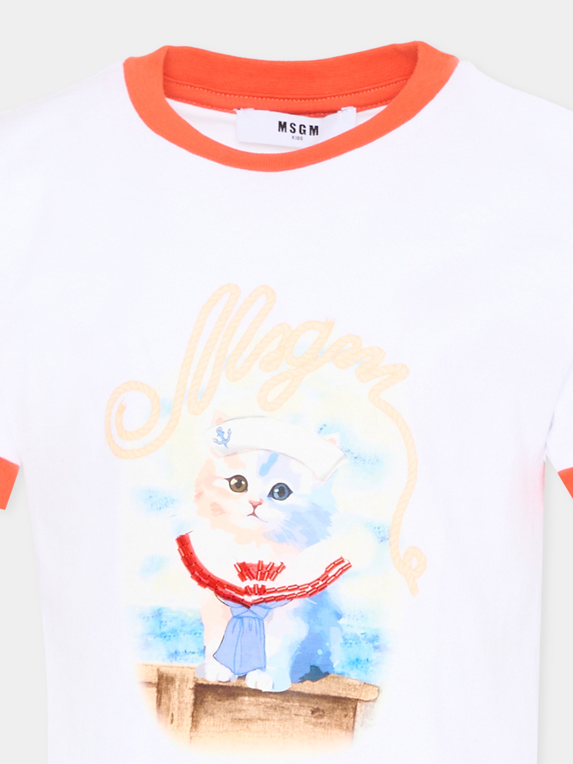 T-Shirt bianca per bambina con stampa gatto,Msgm Kids,S6MSJGTH016 001/84