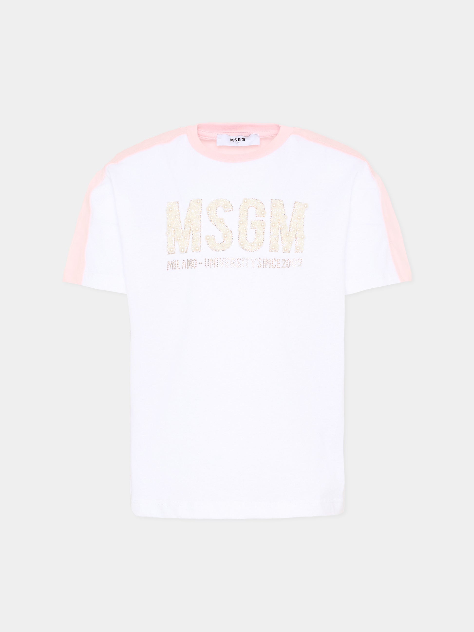 T-Shirt bianca per bambina con logo gioiello,Msgm Kids,S6MSJGTH033 001/78