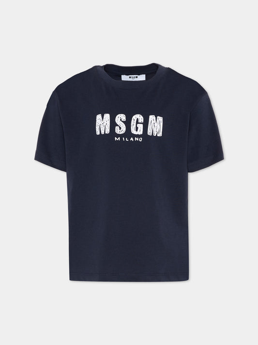 T-Shirt blu per bambini con logo,Msgm Kids,S6MSJUTH004 MS072