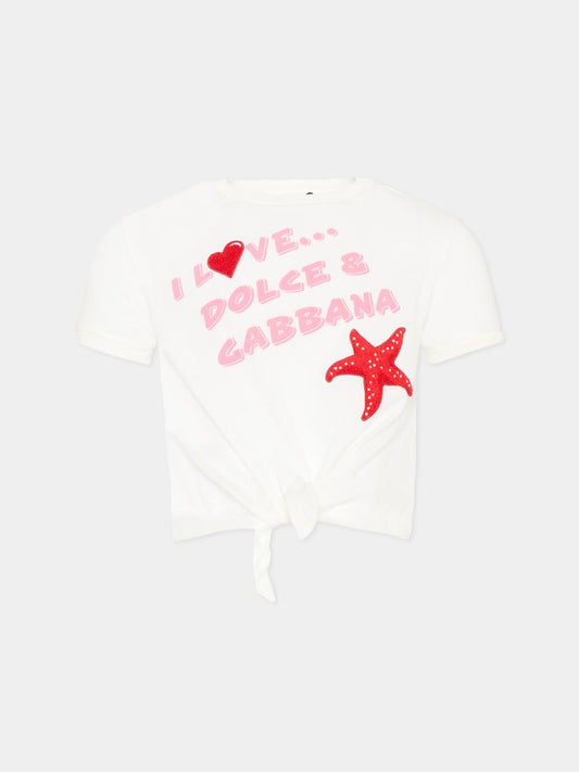 T-shirt bianca cropped per bambina con logo,Dolce & Gabbana Kids,L5JTQF G7PWF W0111