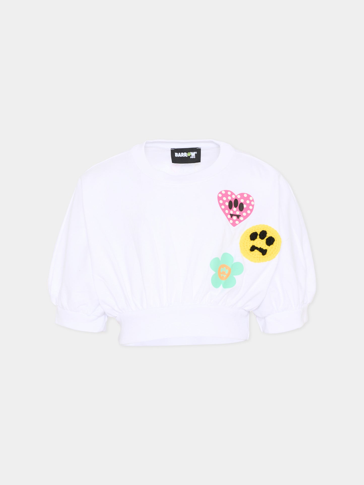 T-Shirt bianca cropped per bambina con patch,Barrow,S6BKJGTH133 002