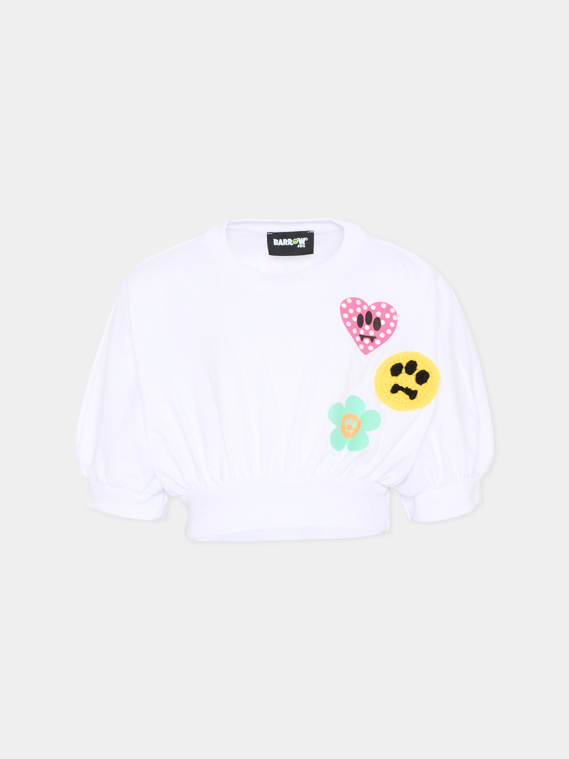 T-Shirt bianca cropped per bambina con patch,Barrow,S6BKJGTH133 002