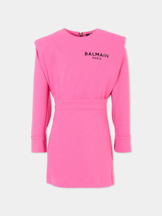 Vestito fucsia per bambina con logo,Balmain Kids,6R1C70 J0035 514