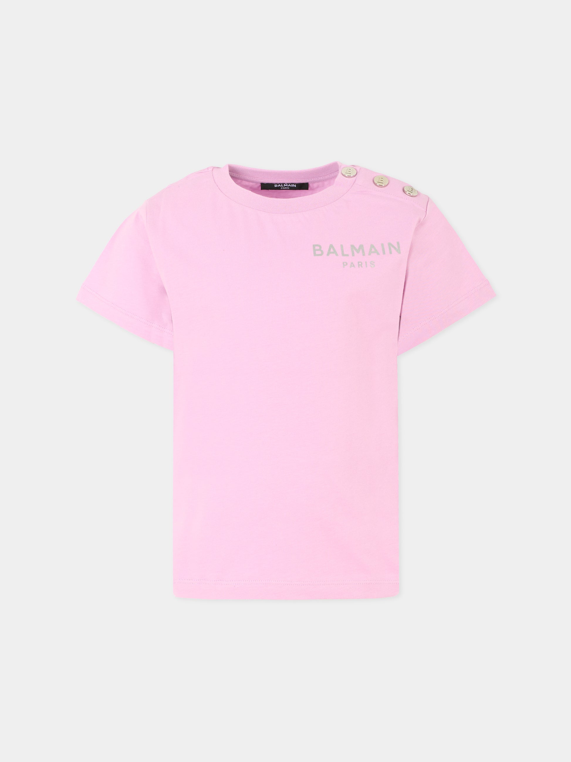T-shirt lilla per bambina con logo argentato,Balmain Kids,BT8A11 Z0057 519